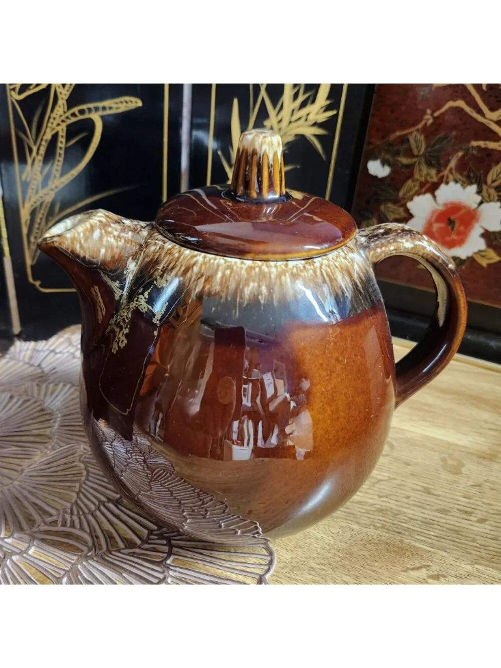 Hull Pottery Teapot Drip Glaze Brown Cream Vintage